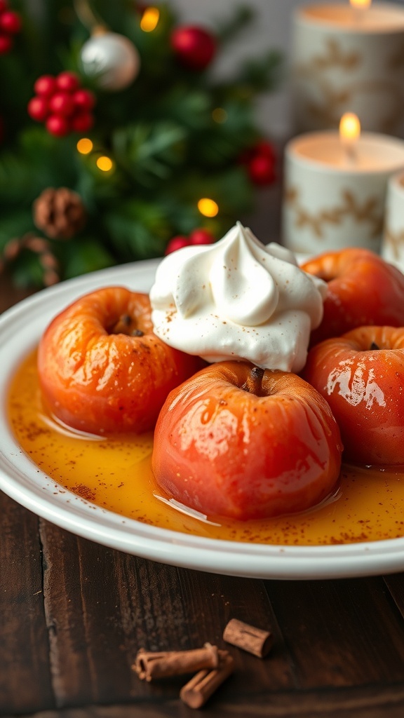Pink Christmas Quince Dessert Recipe Pink poached quinces in spiced syrup, garnished with whipped cream, on a festive table.